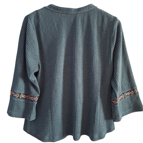 Soft Surroundings Waffle Knit Top Womens PXL Teal Embroidered Boho Henley Blouse - Picture 2 of 4